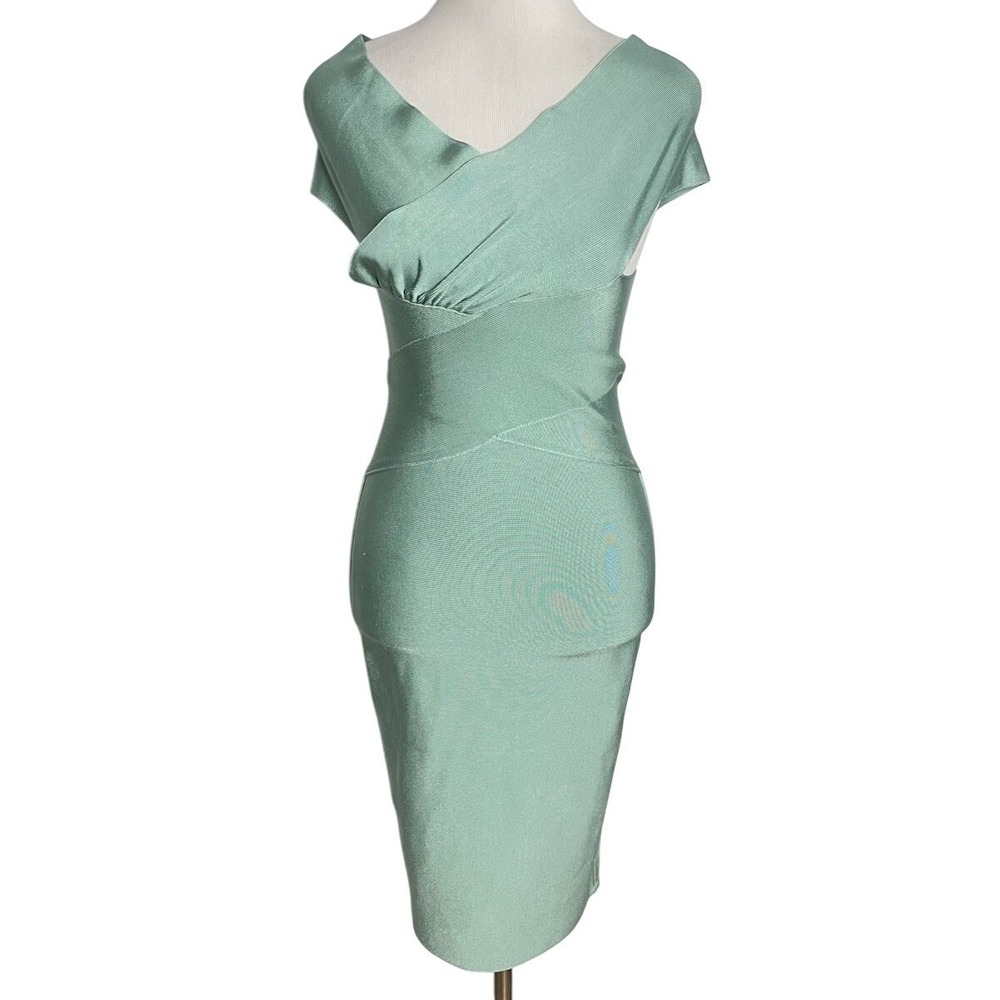 Vtg Y2K BCBG Mint Green  Bandage  Off-Shoulder Bodycon‎ Midi Dress Large